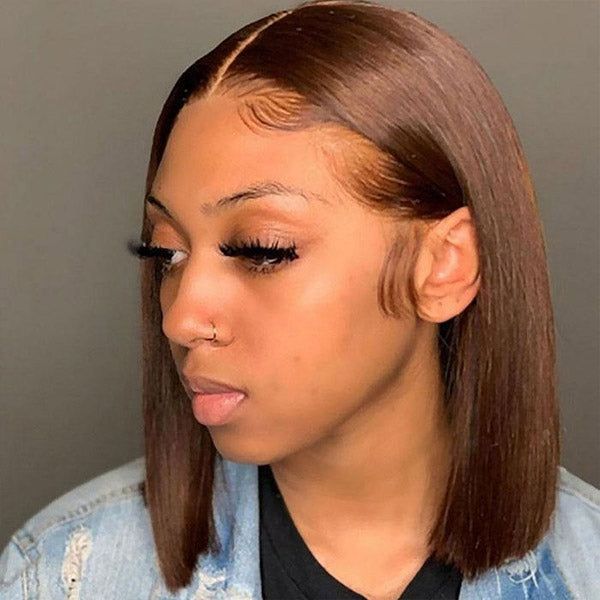 Dark Brown Color Short Bob Straight Double Drawn Hair Grade 6-inch Deep Lace Glueless Human Hair Wig