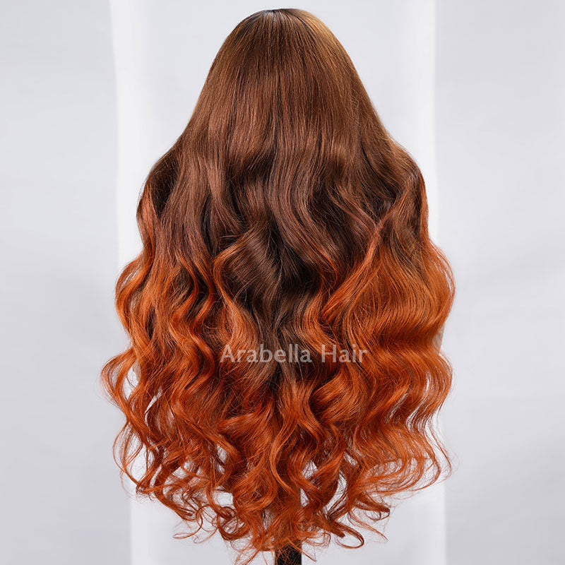 6x5 Pre-Cut Gluless &amp; 13x4 Lace Body Wave Ombre Brown Color With Ginger Color Bleached Knots Middle Part Human Hair Wigs