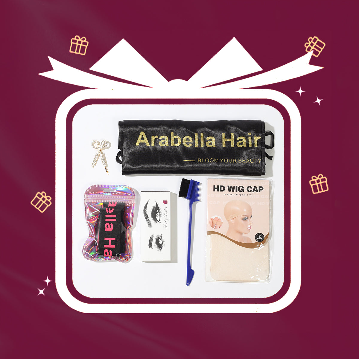 » Arabella Free Gifts Package, Includes Random 4-5 Gifts : Wig Cap, 3D Mink Eyelashes, Elastic Headband, Clips, Edge Brush (100% off)