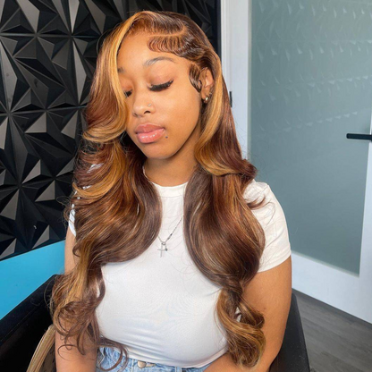 Highlight Brown Colored Loose Body Wave 13x4 Lace Frontal C-Part Design Human Hair Wig