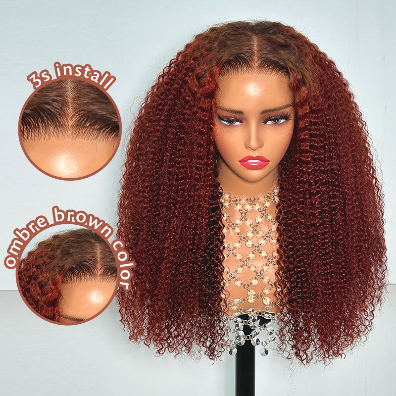 6x5 Afro Curly Wear&amp;Go Glueless Pre-Cut Lace Ombre Brown Color With Reddish Brown Colored Bleached Knots Middle Part Human Hair Wigs