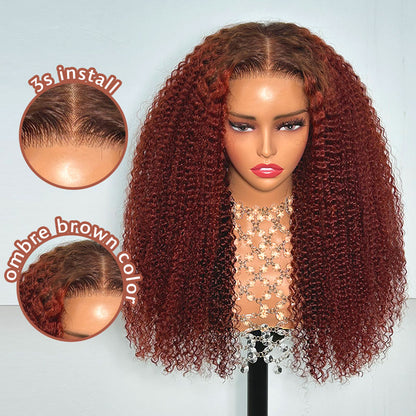 6x5 Afro Curly Easy-Wear Glueless Pre-Cut Lace Ombre Brown Color With Reddish Brown Colored Bleached Knots Middle Part Human Hair Wigs