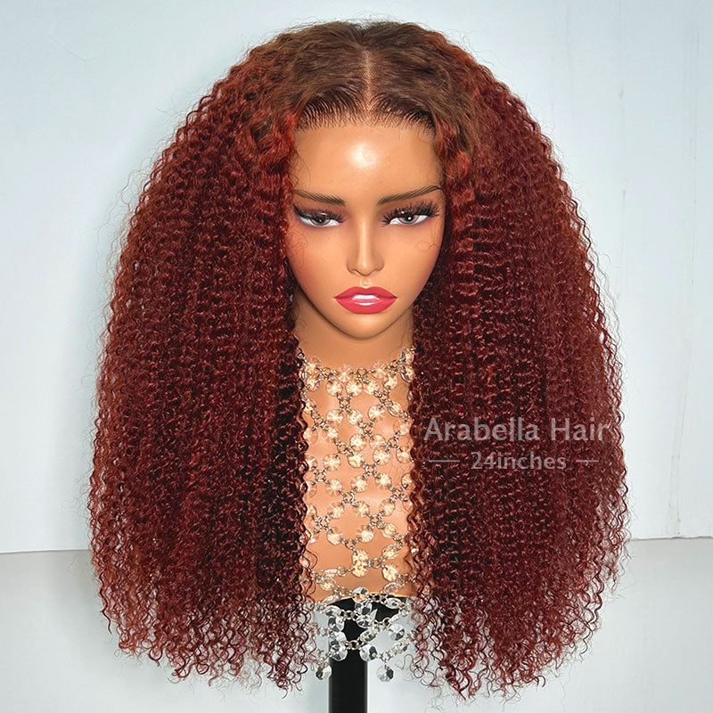 6x5 Afro Curly Easy-Wear Glueless Pre-Cut Lace Ombre Brown Color With Reddish Brown Colored Bleached Knots Middle Part Human Hair Wigs