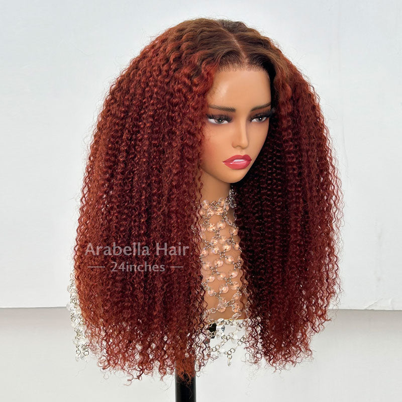 6x5 Afro Curly Easy-Wear Glueless Pre-Cut Lace Ombre Brown Color With Reddish Brown Colored Bleached Knots Middle Part Human Hair Wigs