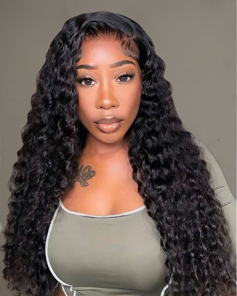 Deep Wave Natural Black Glueless 4x4 Lace Closure Human Hair Wigs