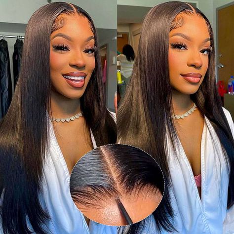 Straight Natural Black Glueless 6x5 Pre-Cut Lace Closure Human Hair Wigs