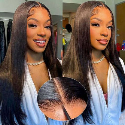 Straight Natural Black Glueless 6x5 Pre-Cut Lace Closure Human Hair Wigs