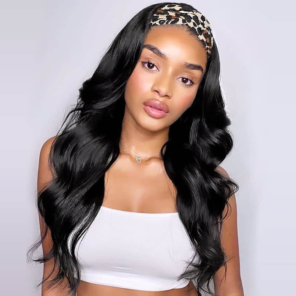 22&quot; Body Wave Headband Wig Glueless Natural Black Non Lace Human Hair Wig