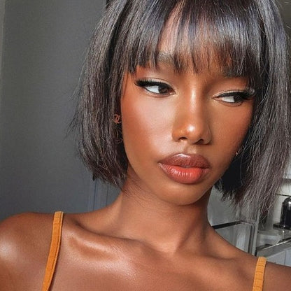 Straight Short Non-Lace Human Hair Bob Wigs with Bangs 180% Density Bob Wigs