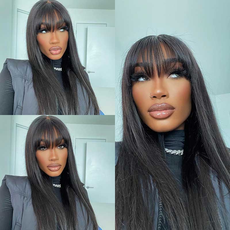 22&quot; Straight With Bangs Machine Made Natural Black Protective Style Human Hair Wigs