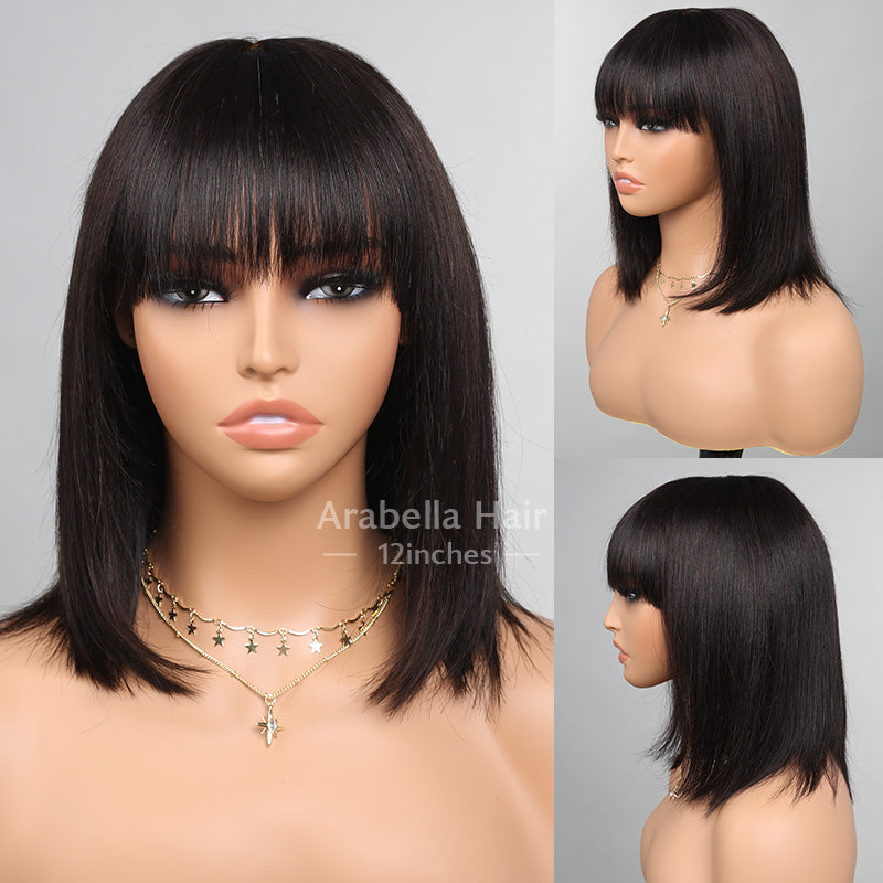 Glueless Lace Bob Wigs With Bangs 12 Inch Natural Black Straight Human Hair Wear&amp;Go 3x2  Lace wigs