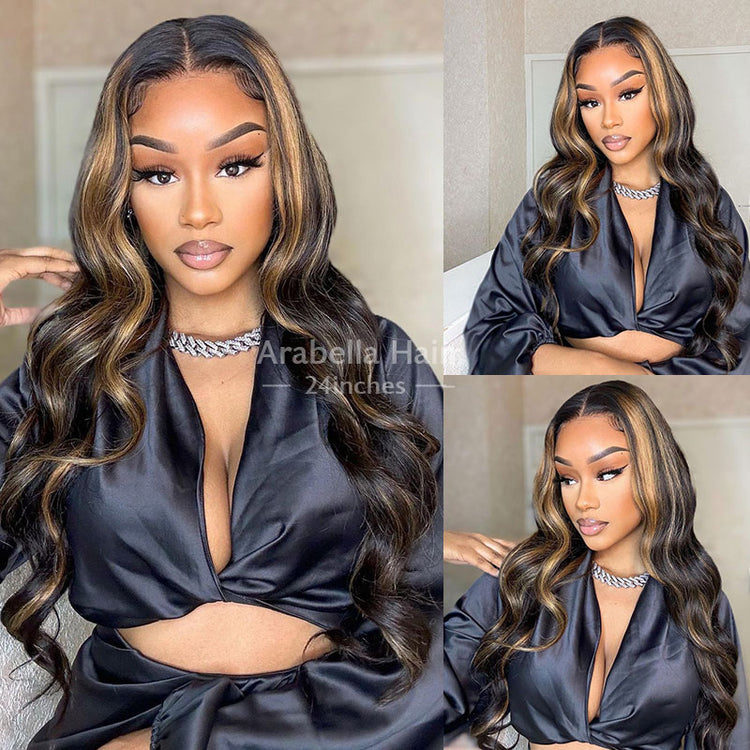 Arabella 13x4 Frontal Lace Auburn Highlights on Black Hair Body Wave Wig Invisible Knots Realistic Hairline