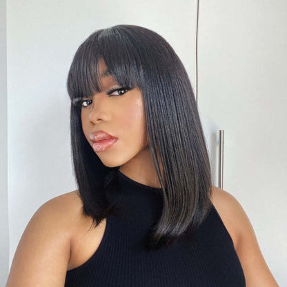 Glueless Lace Bob Wigs With Bangs 12 Inch Natural Black Straight Human Hair Wear&amp;Go 3x2  Lace wigs