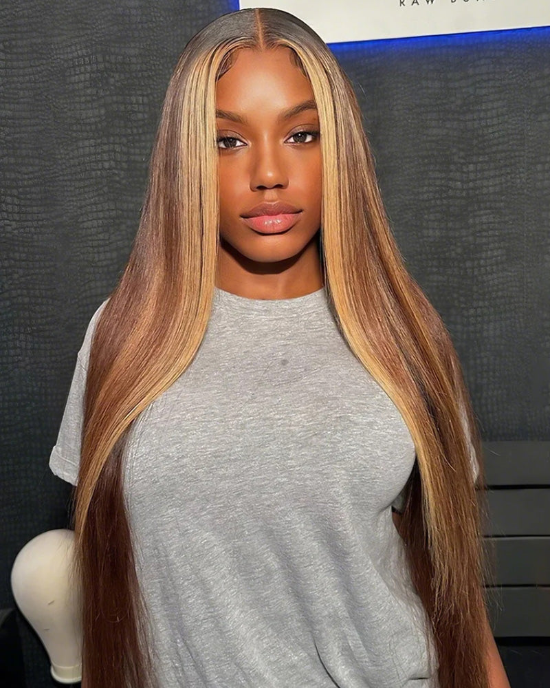 Honey Blonde with Piano Highlights Colored Straight 13x4 Lace Front Human Hair Wig