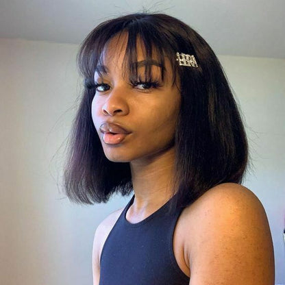 Straight Short Non-Lace Human Hair Bob Wigs with Bangs 180% Density Bob Wigs