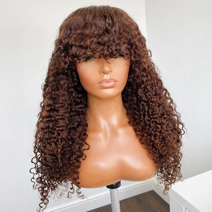 Dark Brown Colored Afro Kinky Curly Full Machine Made With Bangs Human Hair Wigs