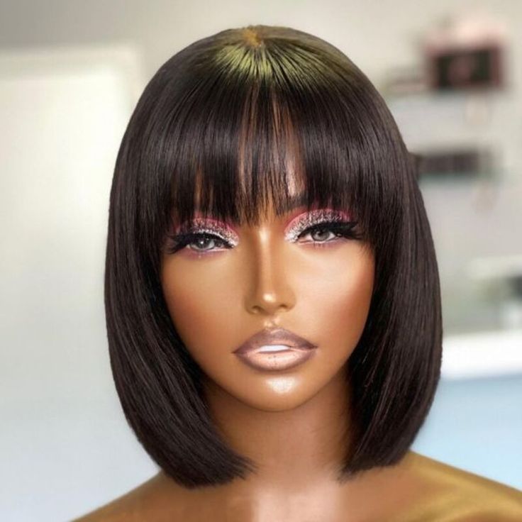 Glueless Lace Bob Wigs With Bangs 12 Inch Natural Black Straight Human Hair Wear&amp;Go 3x2  Lace wigs