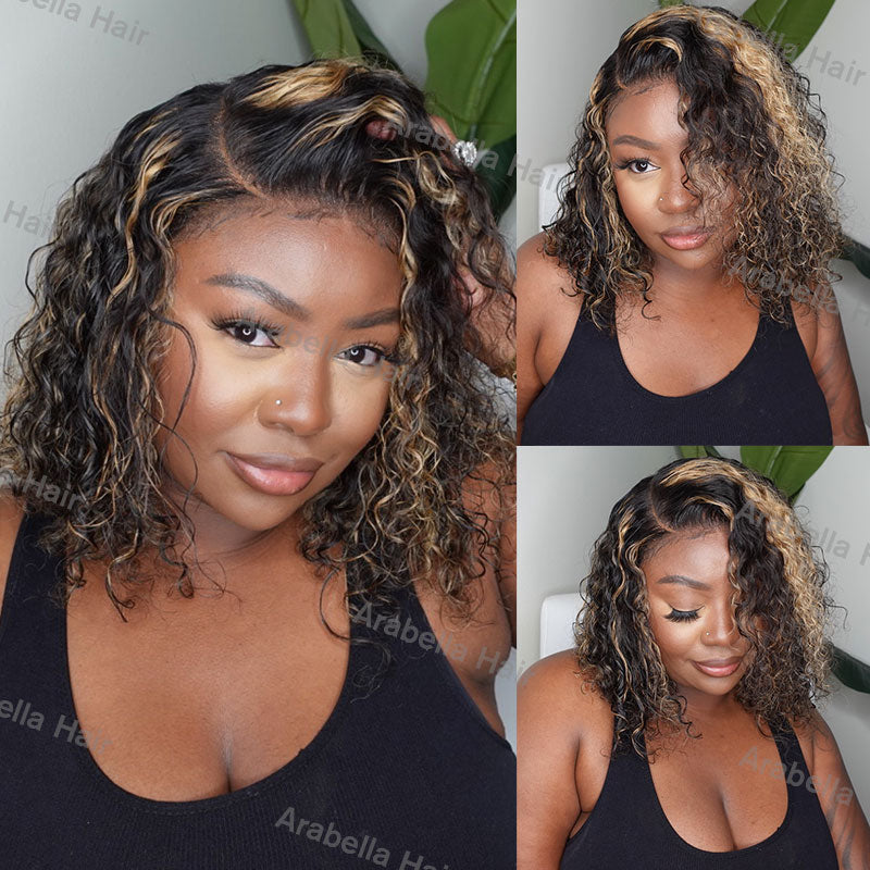 Balayage Bob Style with Side Part - Water Wave Highlight Colored Human Hair Wig 13x4/13x6 Lace Frontal