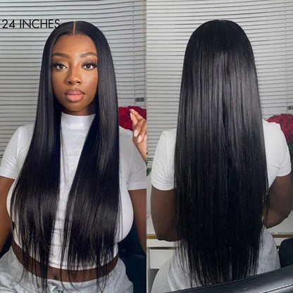 Straight Natural Black Glueless 6x5 Pre-Cut Lace Closure Human Hair Wigs