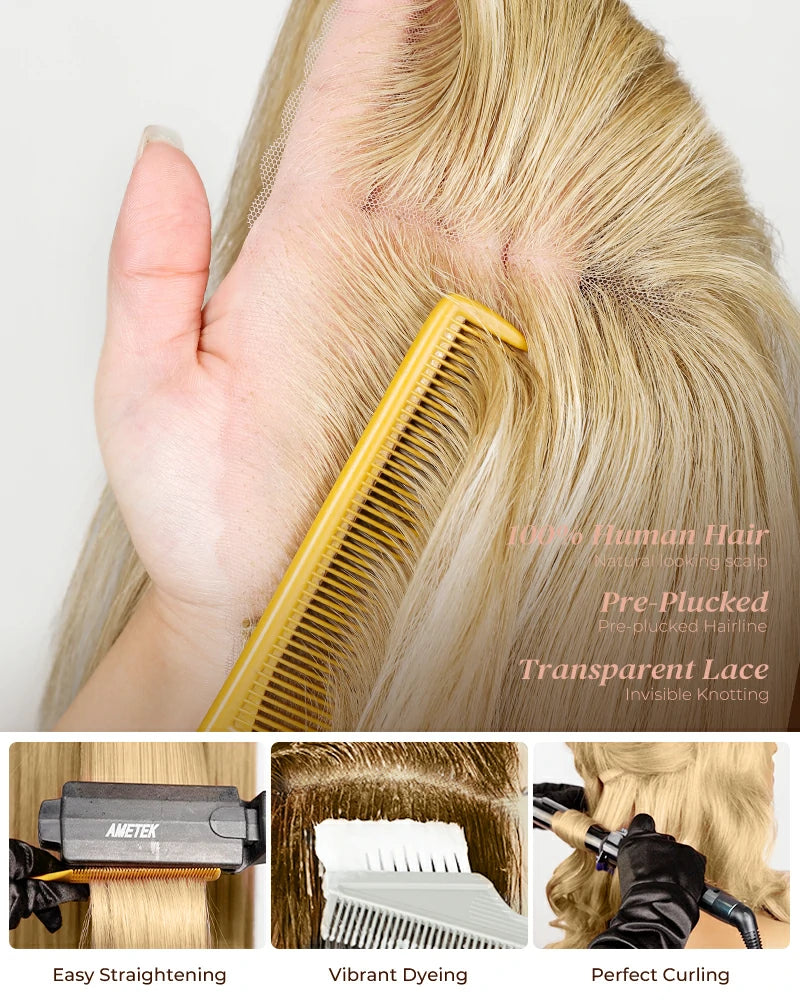 Arabella 6x5 Invisible Knots Glueless Blonde Khaki Highlight Straight Bob Wig Pre-cut Lace Beginner Friendly