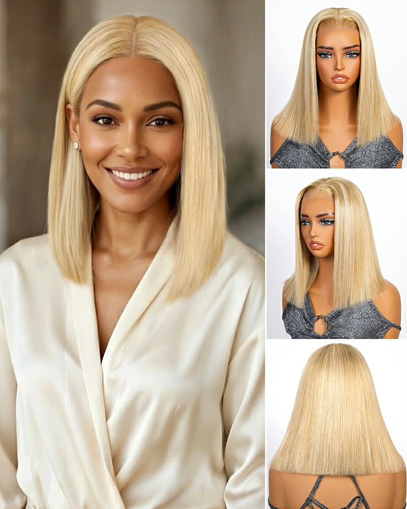 Arabella 6x5 Invisible Knots Glueless Blonde Khaki Highlight Straight Bob Wig Pre-cut Lace Beginner Friendly