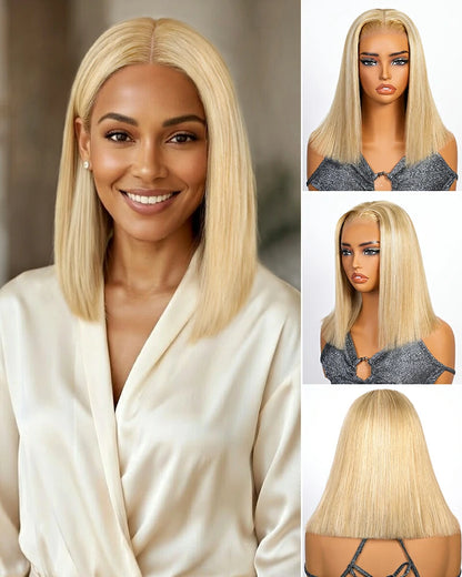 Arabella 6x5 Invisible Knots Glueless Blonde Khaki Highlight Straight Bob Wig Pre-cut Lace Beginner Friendly