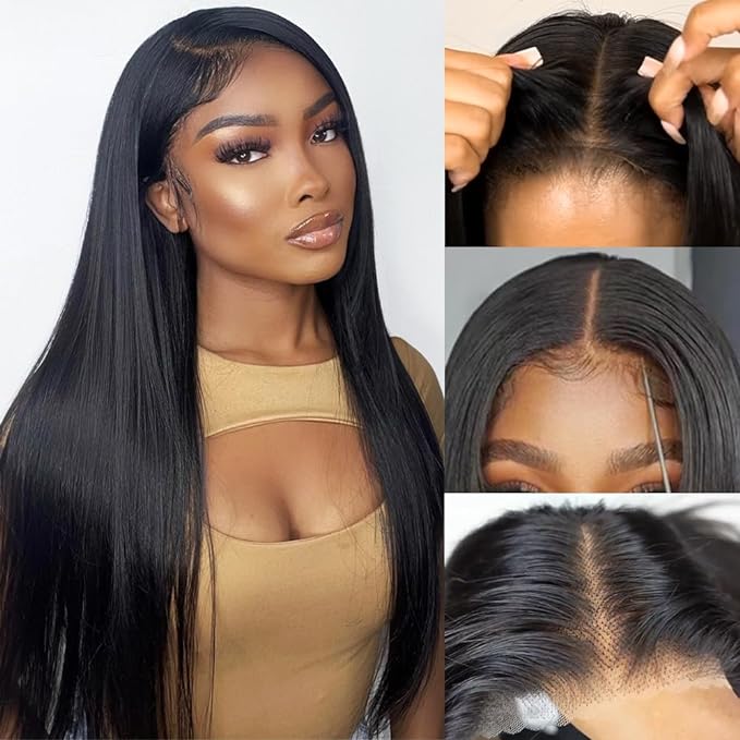 Straight Natural Black Glueless 6x5 Pre-Cut Lace Closure Human Hair Wigs