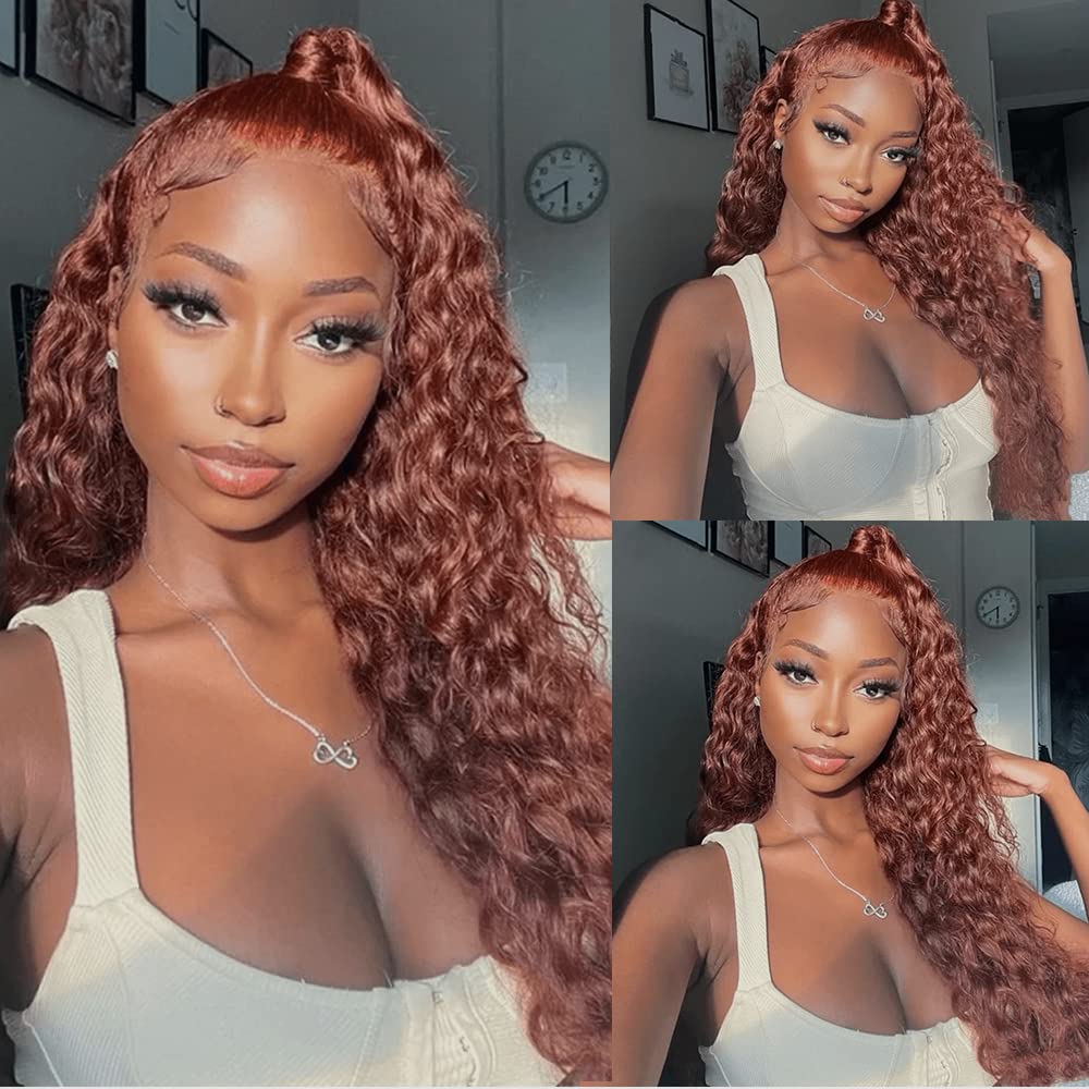 13x4 Lace Water Wave Curly Auburn Reddish Brown Color Wig Copper 