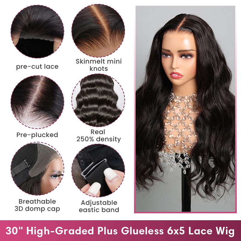 30&quot; Glusless 6x5 Pre-cut Lace Closure Straight/Body Wave Easy-Wear Natural Black Human Hair Wigs Beginner-Friendly with C-Part Design
