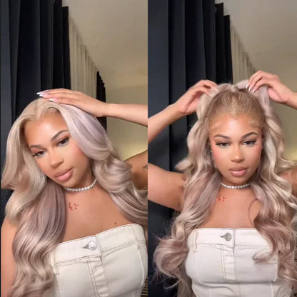 30&quot; Glueless 6x5 Lace Brown Wig with Blonde Highlights Natural Straight/Body Wave Human Hair Wigs Beginner Friendly