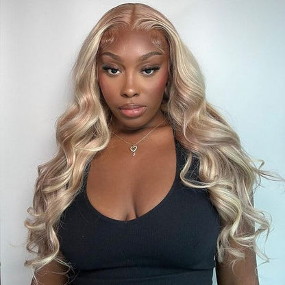 30&quot; Glueless 6x5 Lace Brown Wig with Blonde Highlights Natural Straight/Body Wave Human Hair Wigs Beginner Friendly