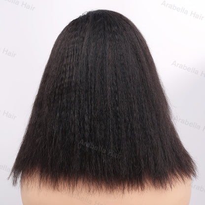 Glueless Yaki Straight Short Bob Style 5x5 Lace Closure Wig Natural Black Human Hair Wigs