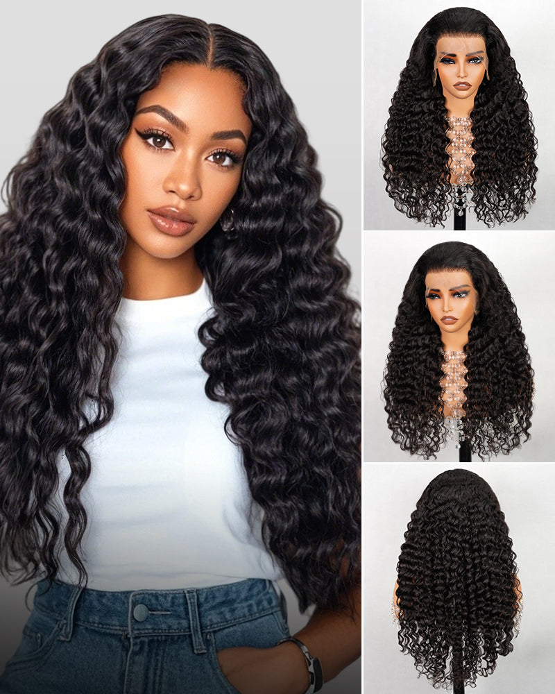 Deep Wave Natural Black Glueless 6x5 Pre-cut Lace Human Hair Wigs