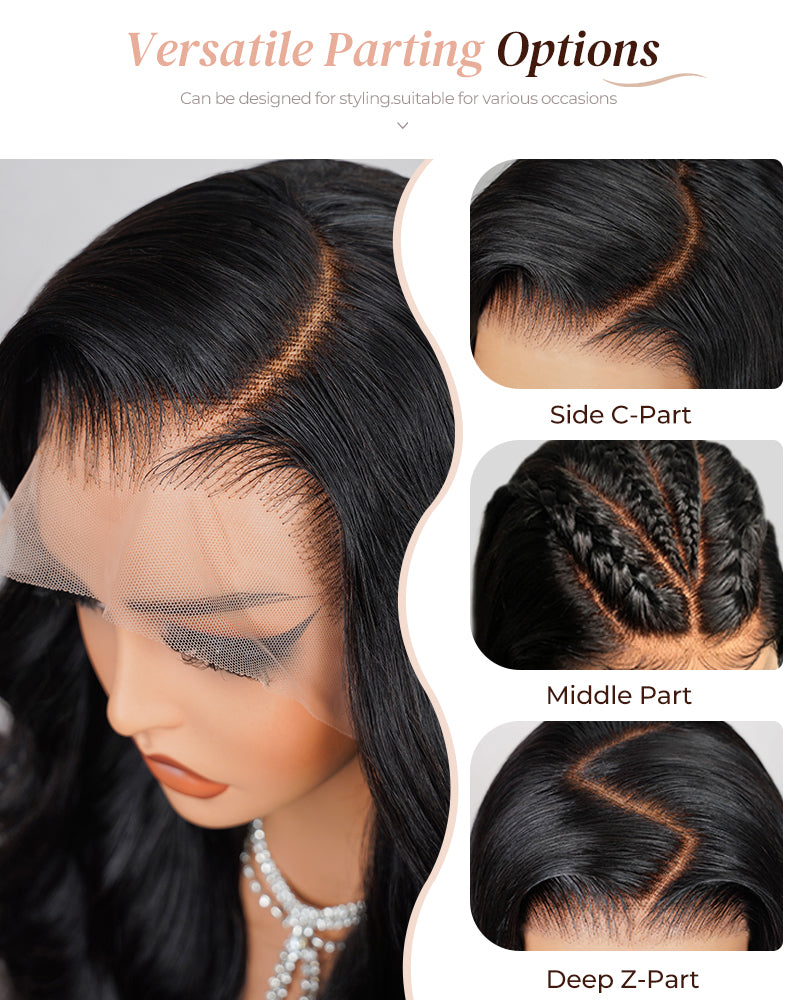 Body Wave Natural Black Body Wave Glueless 6x5 Pre-Cut Lace Front Wig C-part Human Hair Wig C-part