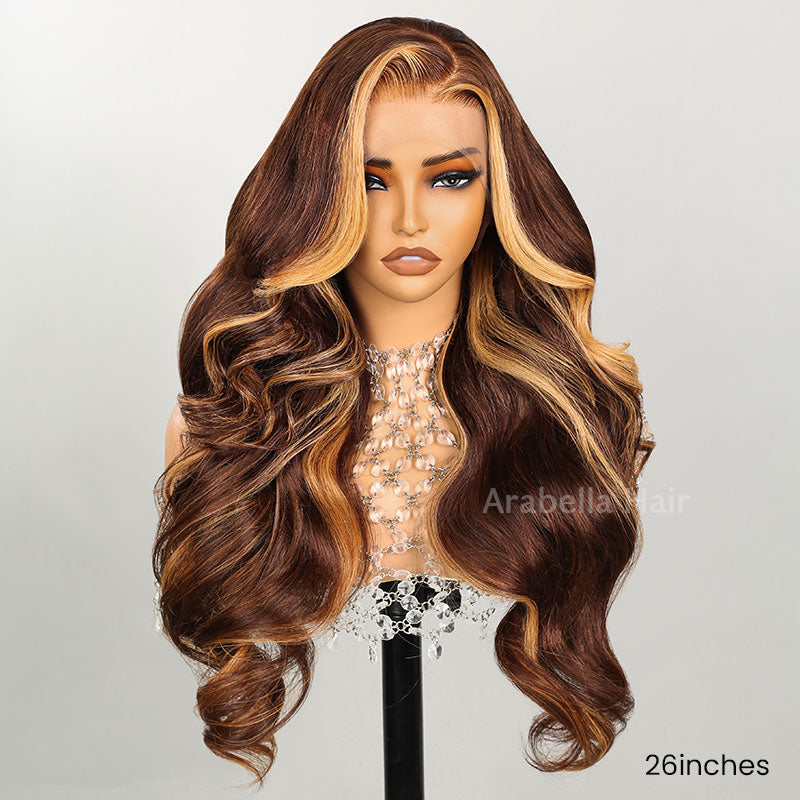 13x4 Lace Frontal Highlight Brown Colored C-Part Design Loose Body Wave Human Hair Wig