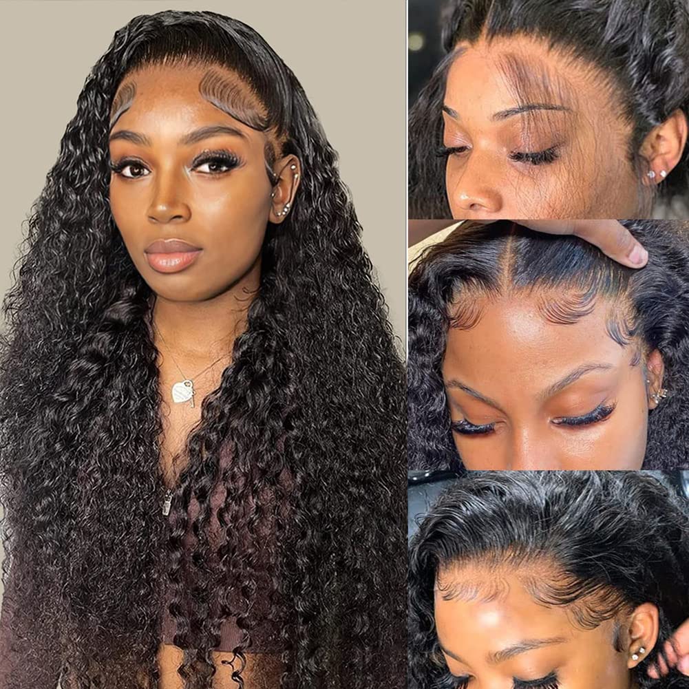 Deep Wave Natural Black 360 Lace Frontal Human Hair Wig Free Part