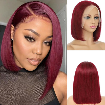 Burgundy Red 99J Color Bob 13x4 Lace Wigs - Straight Human Hair Wigs for Black Women, 180% Density