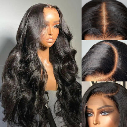 Body Wave Natural Black Body Wave Glueless 6x5 Pre-Cut Lace Front Wig C-part Human Hair Wig C-part
