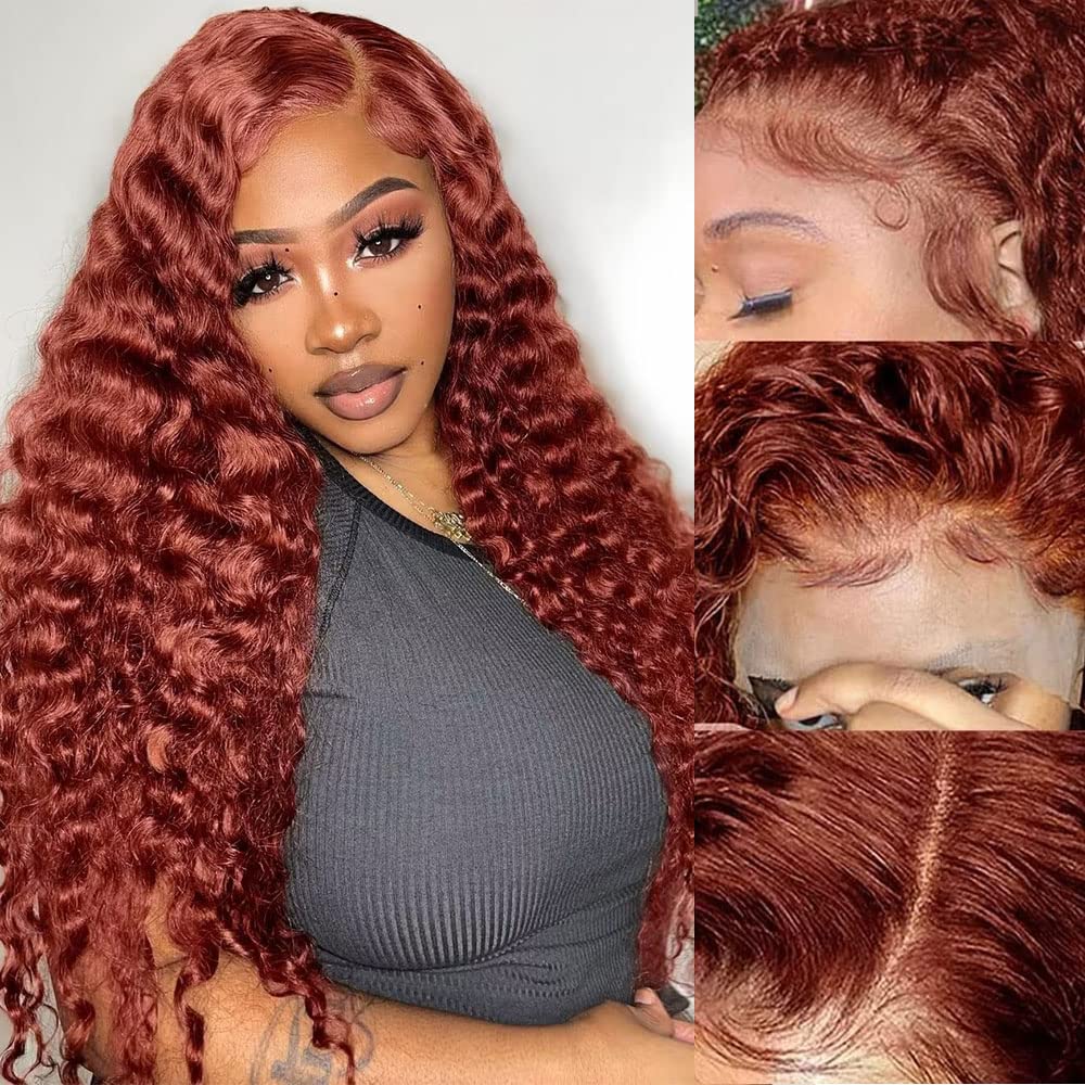 13x4 Lace Water Wave Curly Auburn Reddish Brown Color Wig Copper 
