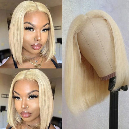 613 Blonde Lace Frontal Straight Bob Wig With Middle Part Human Hair Wigs