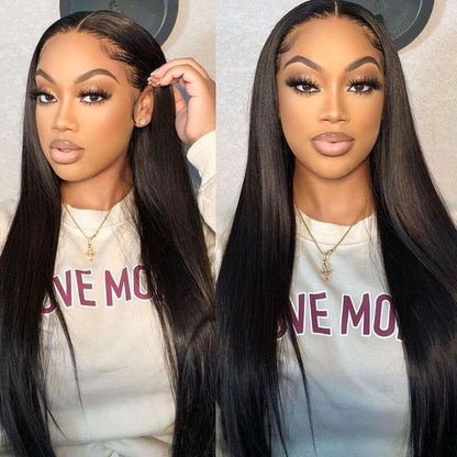 13x4 Lace Frontal Wigs Straight Pre-Bleached Knots Natural Black Human Hair Wigs Free Part