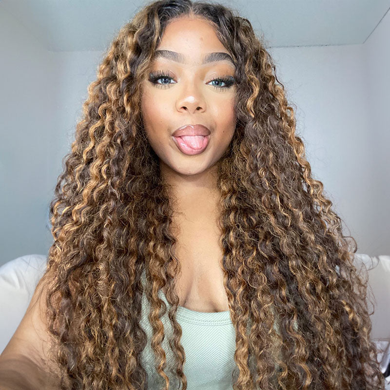 Glueless Closure Lace Wig with Honey Blonde Piano Highlights - Natural Wave Curly Wig Style