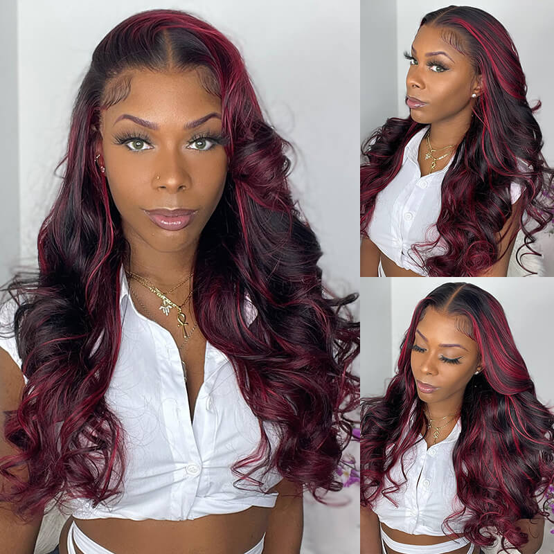 18&quot; 13x4 Lace Dark Burgundy With Rose Red Highlights Body Wave Human Hair Wig