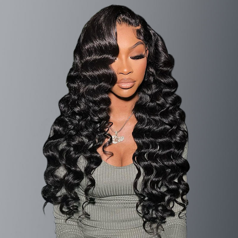 Loose Wave Natural Black Pre-Cut Glueless 6x5 Lace Closure Human Hair Wigs