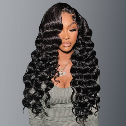 Loose Wave Natural Black Pre-Cut Glueless 6x5 Lace Closure Human Hair Wigs