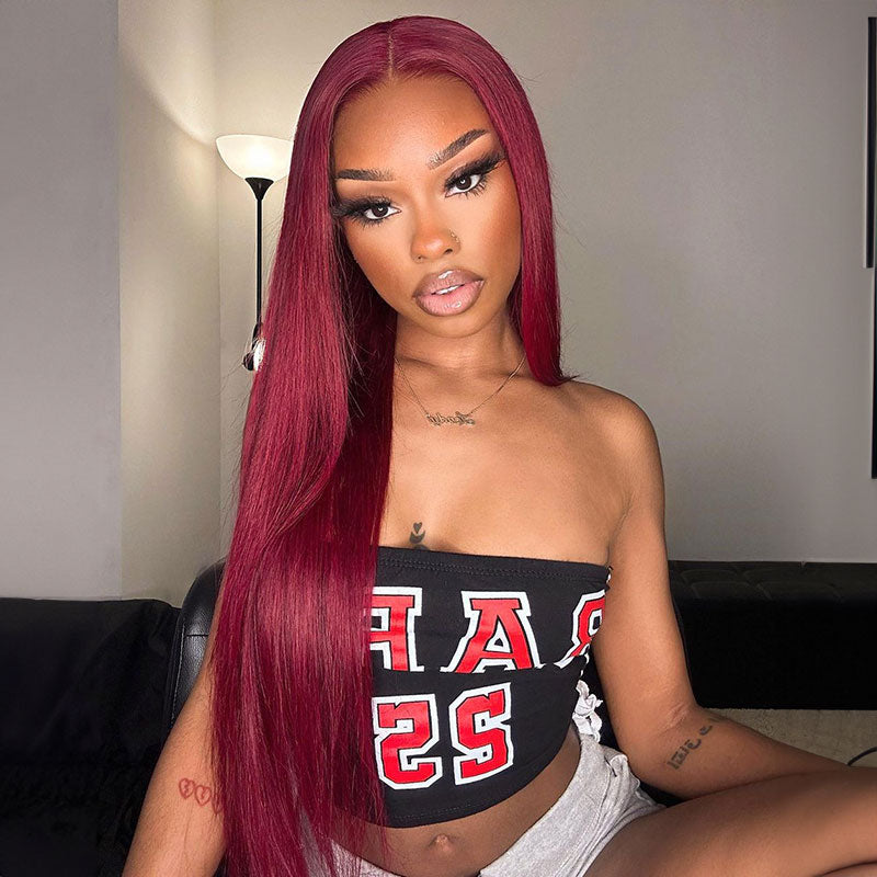 Burgundy Red Colored Straight 13x4 Lace Frontal Human Hair Wigs