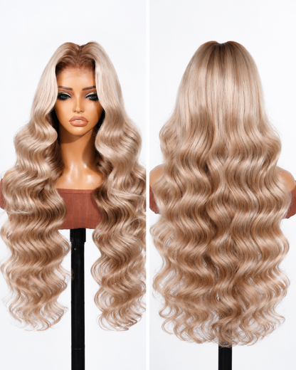 Arabella 6x5 Glueless Wig Ash Blonde Highlights On Brown Hair Loose Body Wave Wig Pre-cut Lace
