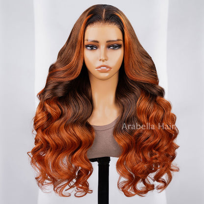 6x5 Pre-Cut Gluless Lace Body Wave Ombre Brown Color With Ginger Color Bleached Knots Middle Part Human Hair Wigs