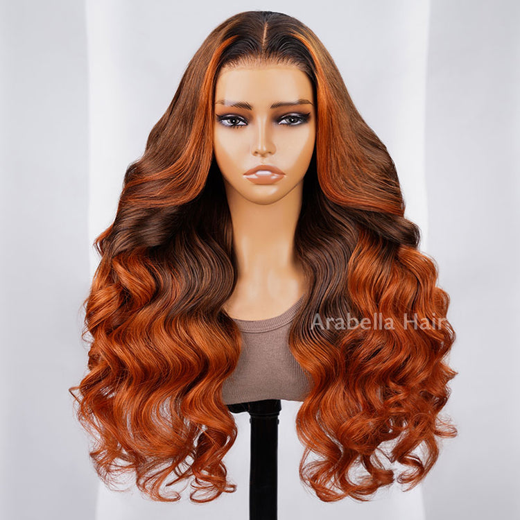 13x4 Lace Body Wave Ombre Brown Color With Ginger Color Bleached Knots Middle Part Human Hair Wigs