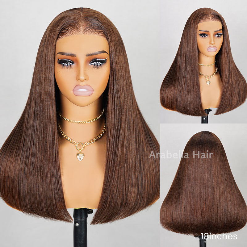 Glueless 6x5 Lace Pre-Cut Dark Brown Colored Straight Bleached Knots Easy-Wear Human Hair Wigs